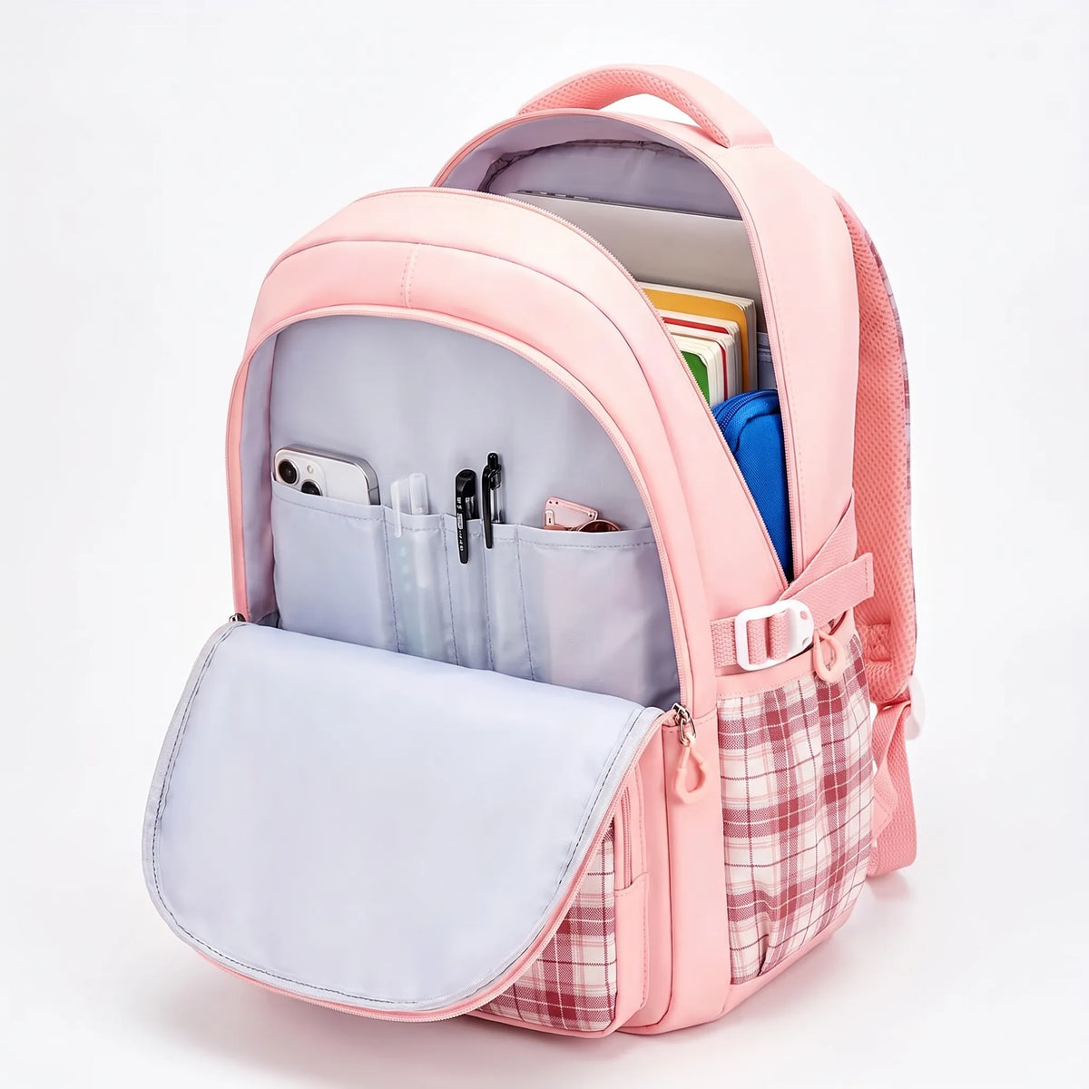 Pledra grote schooltas met ruitjespatroon