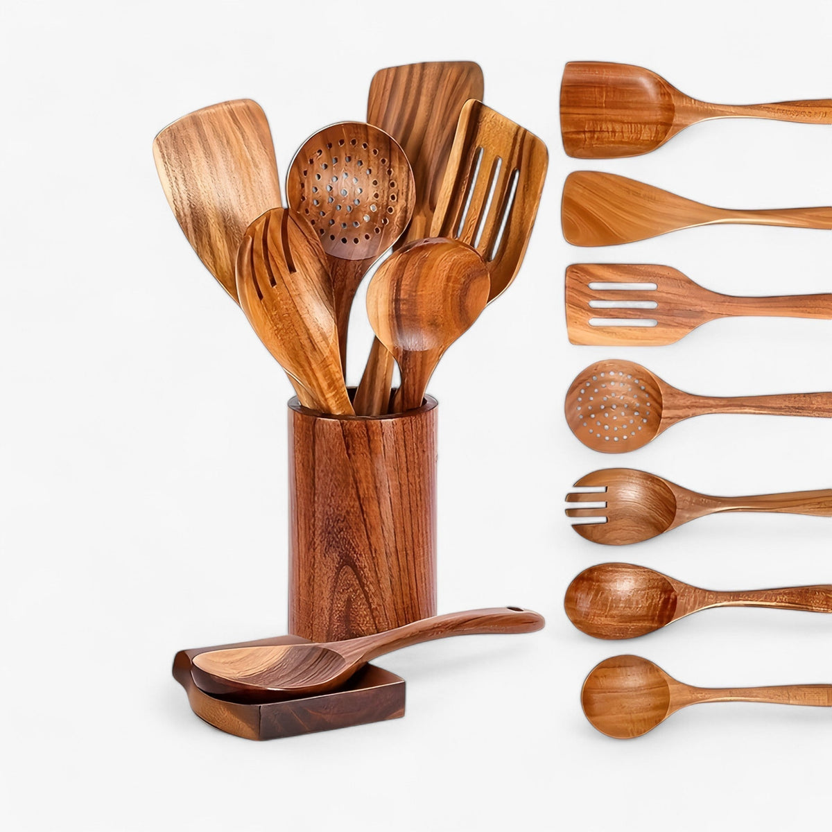 Teak houten kookgereiset met houder