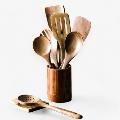 Teak houten kookgereiset met houder