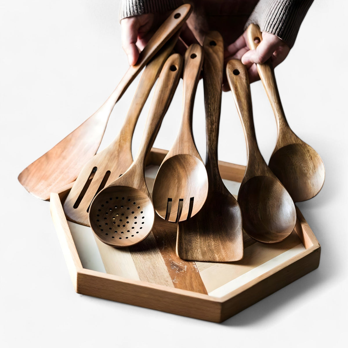 Teak houten kookgereiset met houder