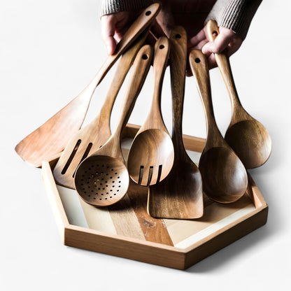 Teak houten kookgereiset met houder