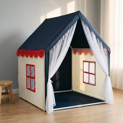 Huisvormige kinderspeeltent met gordijnen