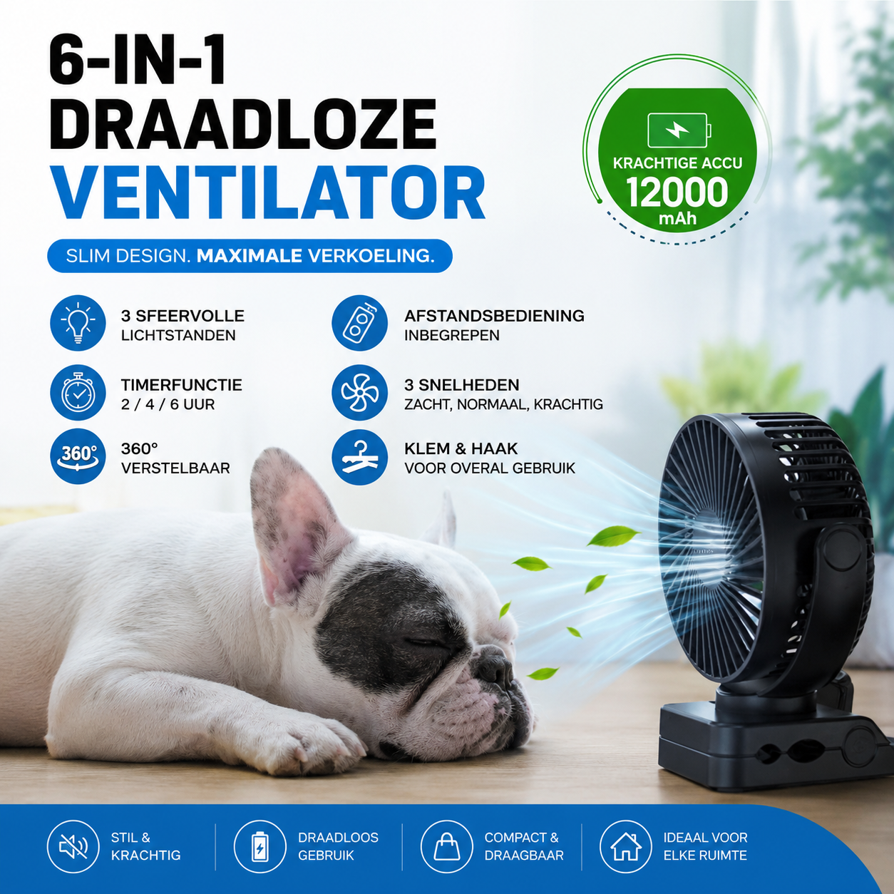 Mini USB Ventilator PRO - Tafelventilator met powerbank functie 12000 mAh - Oplaadbaar - Afstandsbediening
