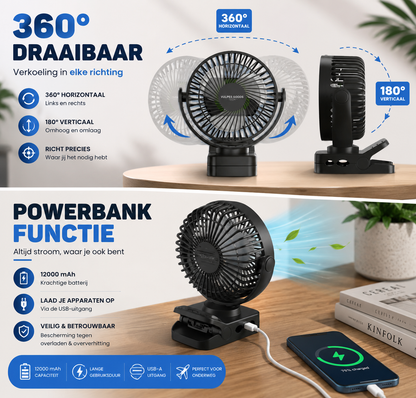 Mini USB Ventilator PRO - Tafelventilator met powerbank functie 12000 mAh - Oplaadbaar - Afstandsbediening