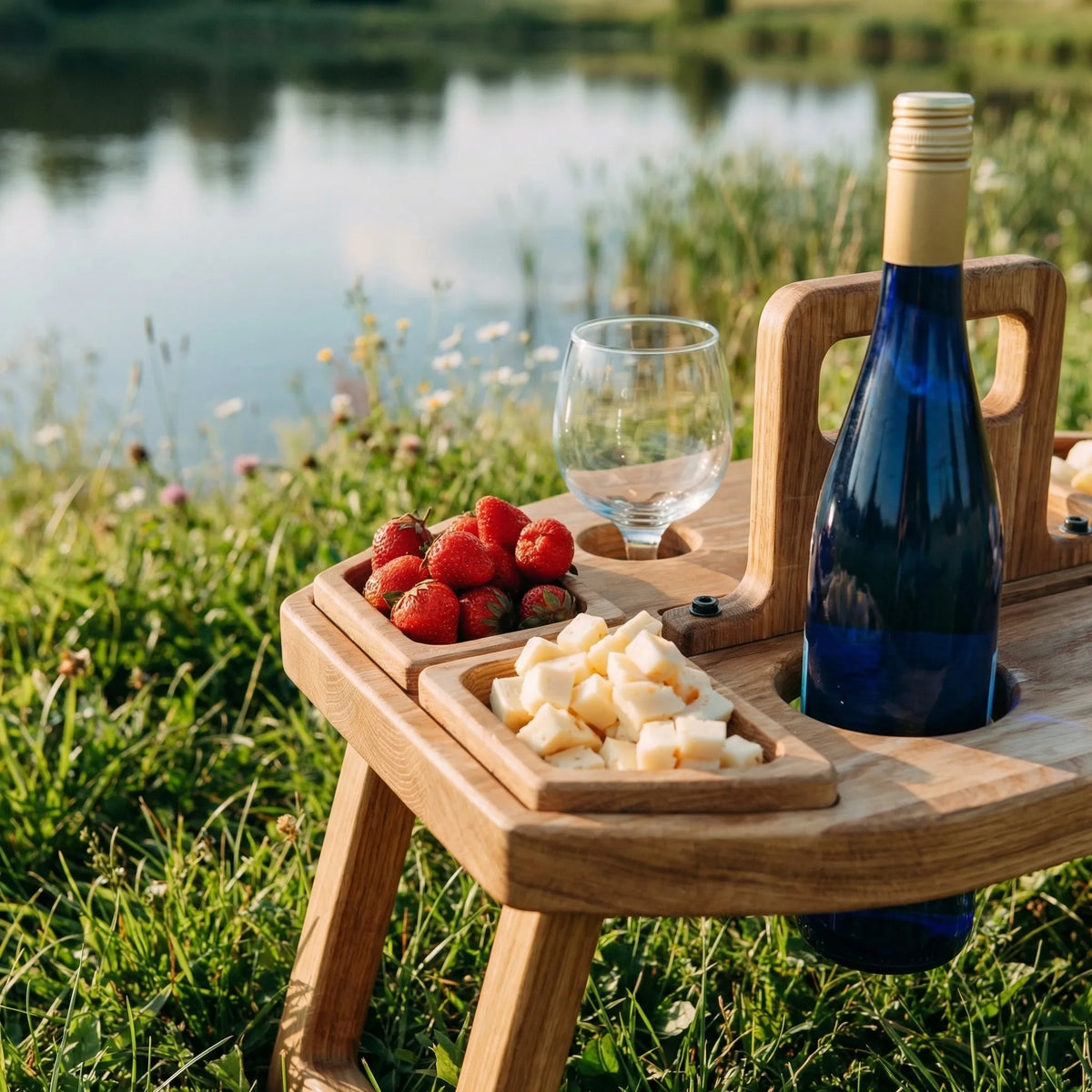 Inklapbare houten picknicktafel met wijnglashouder