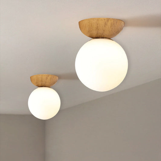 Glazen bol plafondlamp met houtnerf