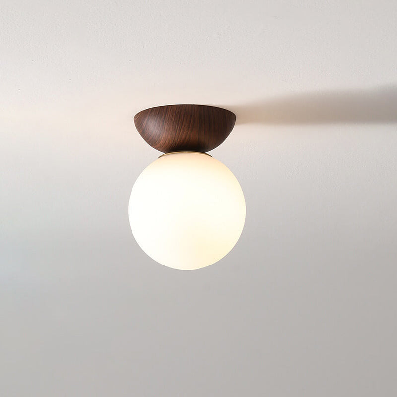 Glazen bol plafondlamp met houtnerf