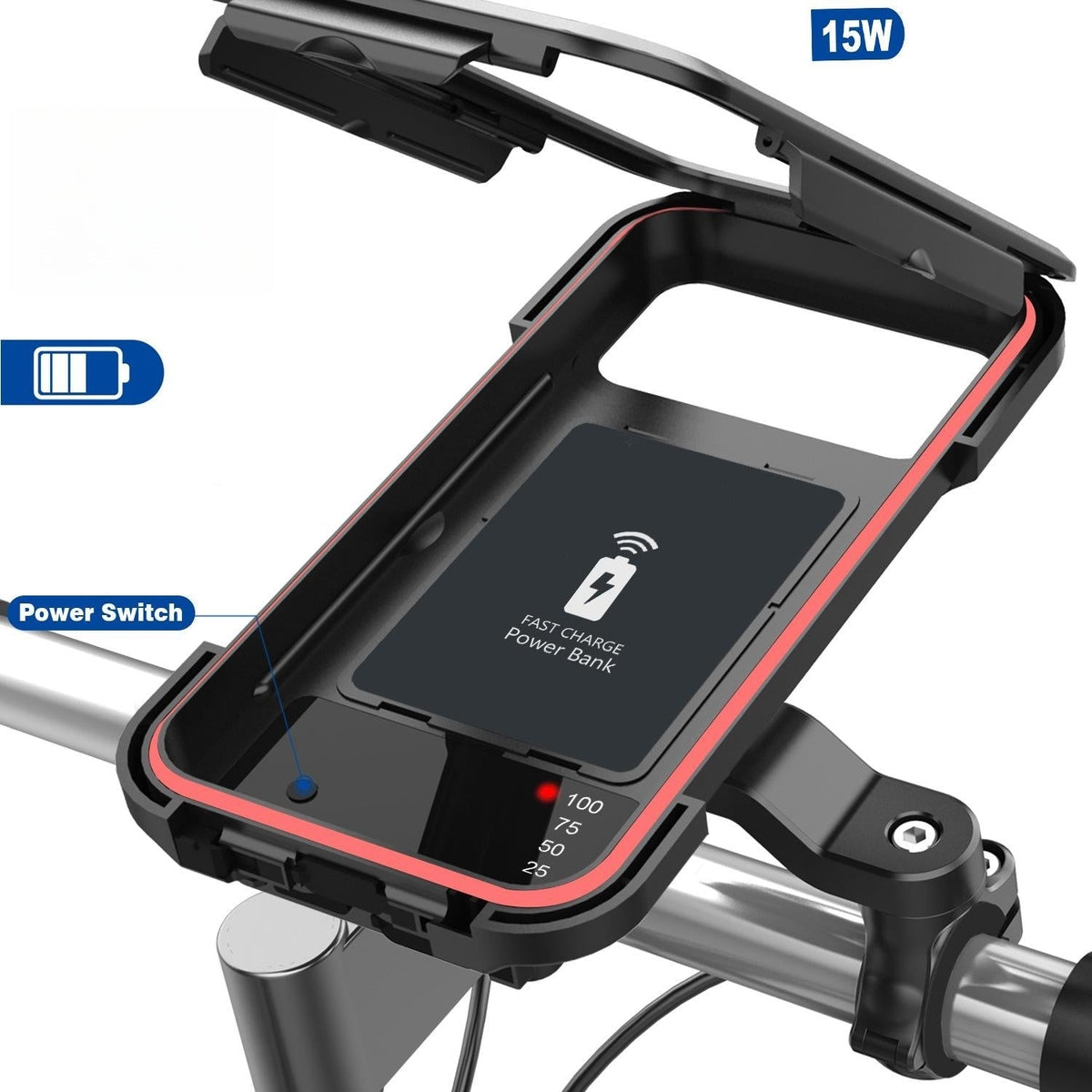 RideCharge waterdichte fiets telefoonhouder met draadloos opladen