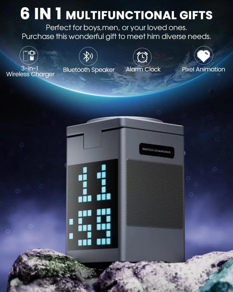 PIXTORQ 3-in-1 draadloze oplader met Bluetooth speaker