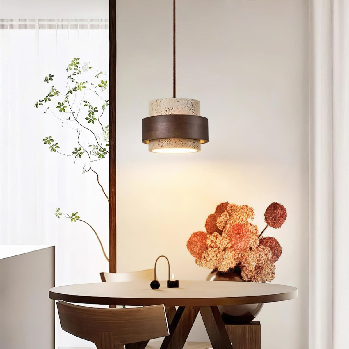 Travertijn hanglamp met walnoothout