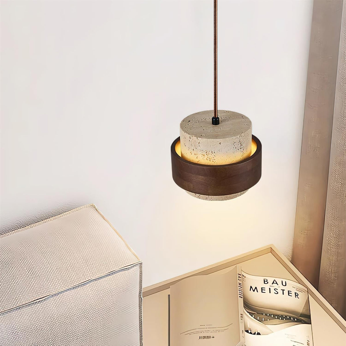 Travertijn hanglamp met walnoothout