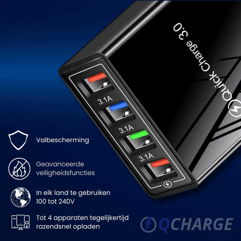 QCharge 3.0 USB-snellader met 4 poorten