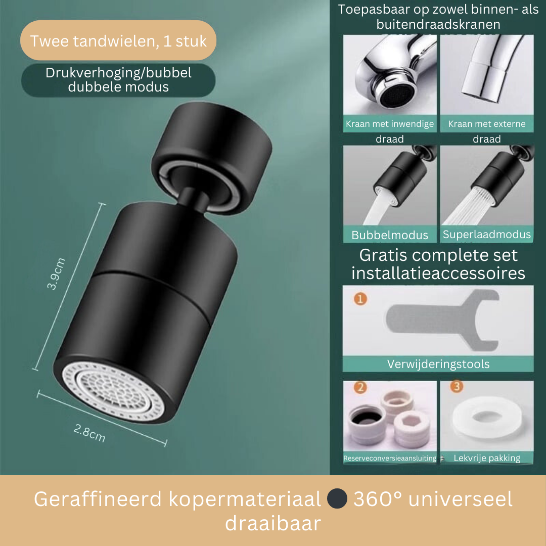 AquaGlide 720° draaibare kraanopzetstuk