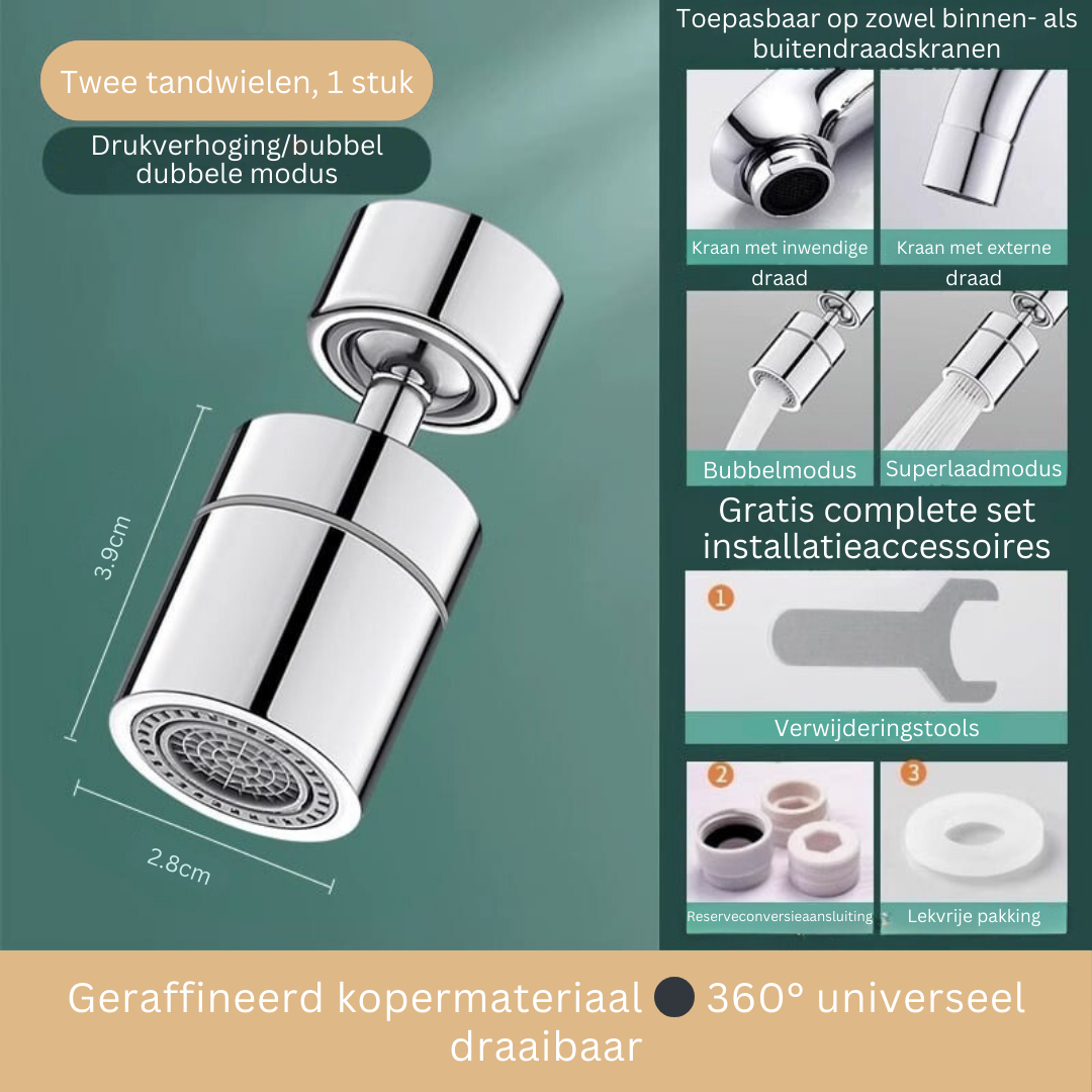 AquaGlide 720° draaibare kraanopzetstuk