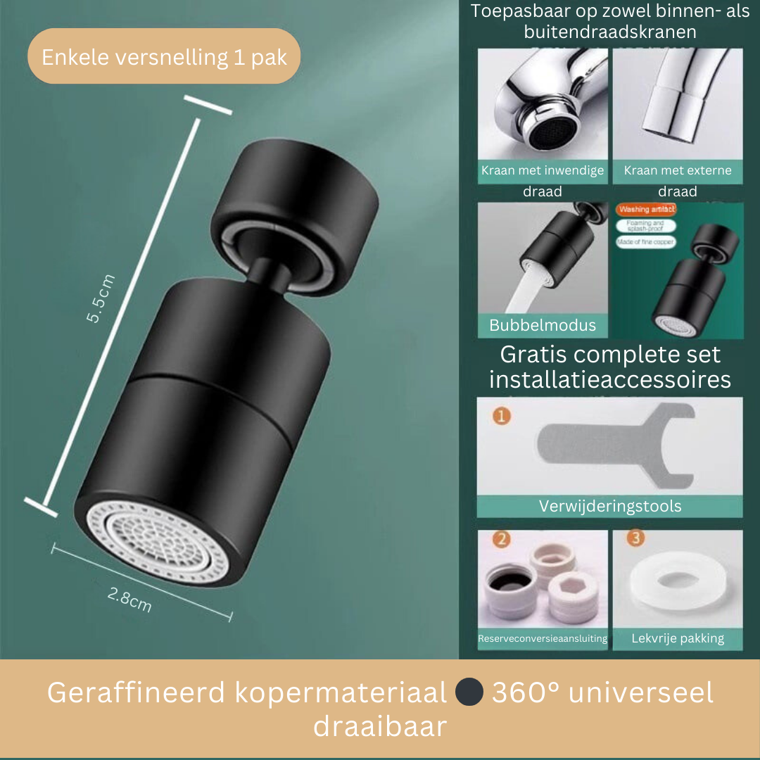 AquaGlide 720° draaibare kraanopzetstuk