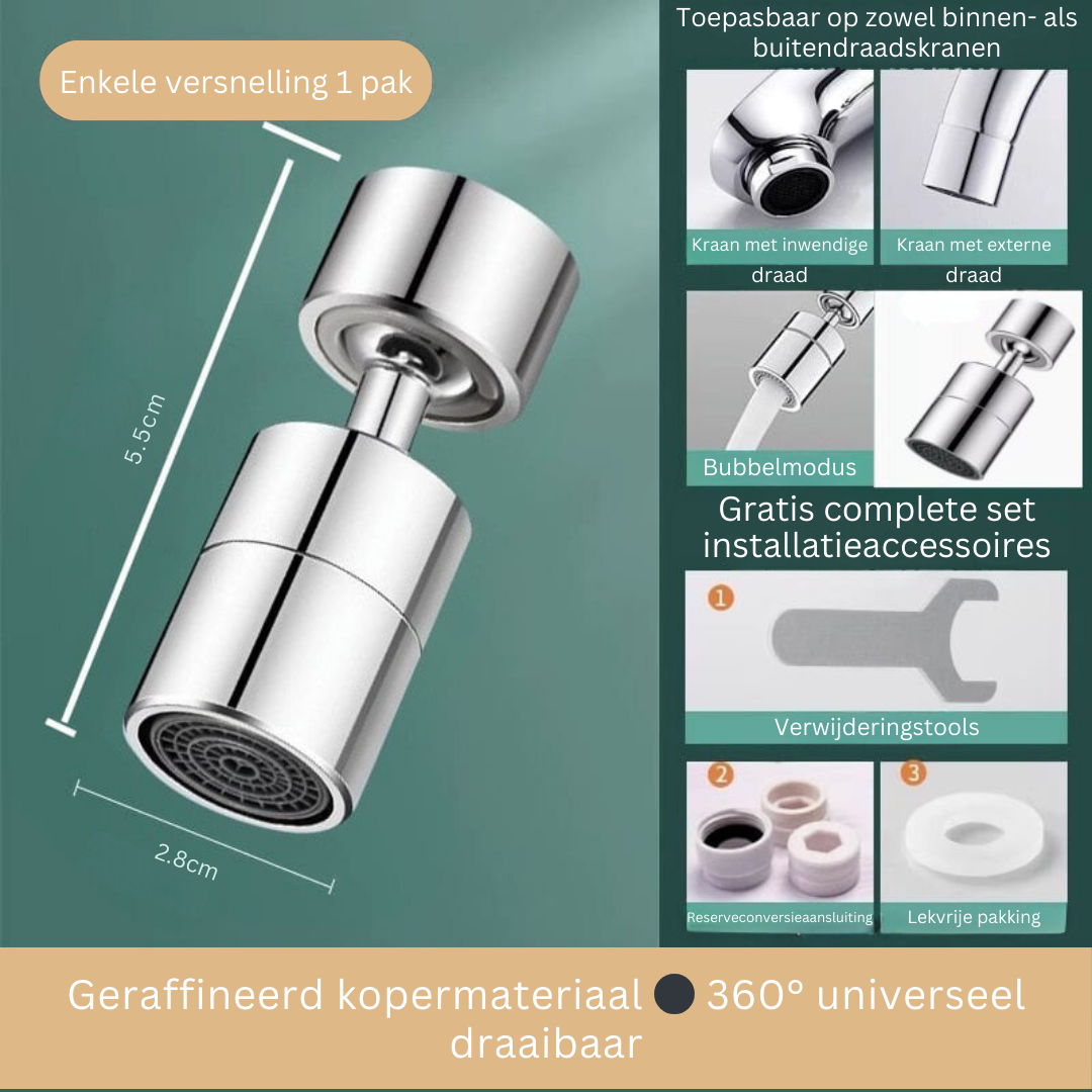 AquaGlide 720° draaibare kraanopzetstuk