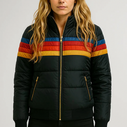 Retro dames pufferjack met warme strepen