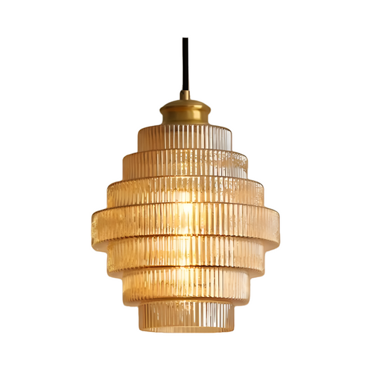 Vintage messing en geribbeld glas hanglamp