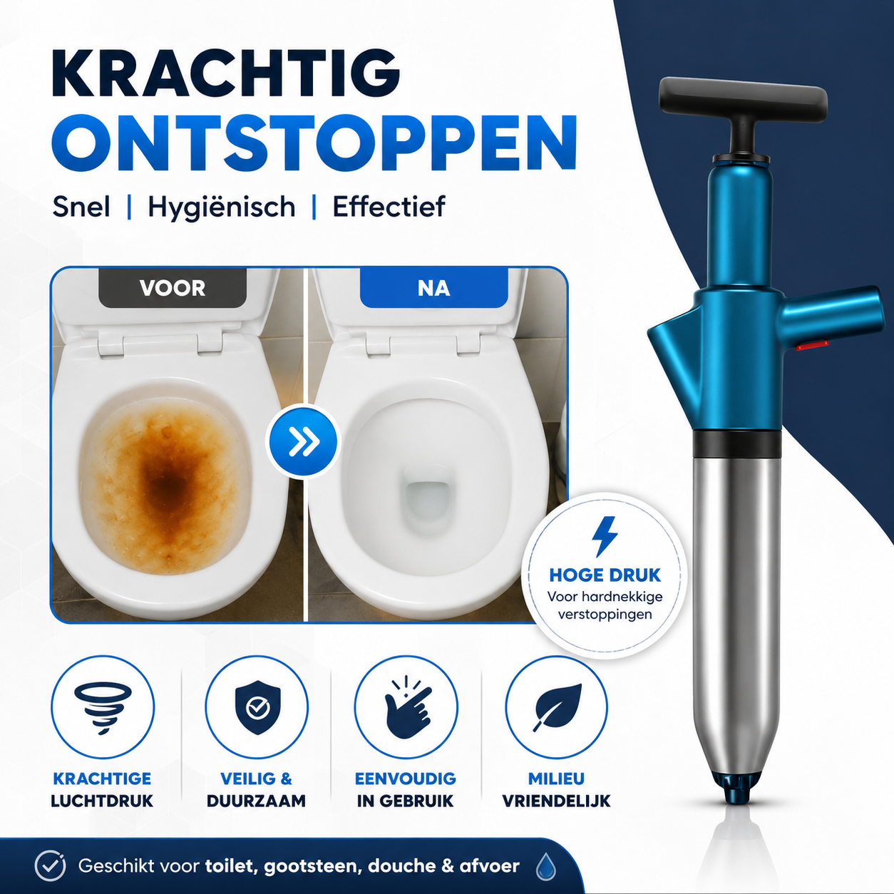 WC Ontstopper met hoge druk – afvoer ontstopper voor toilet, douche & gootsteen