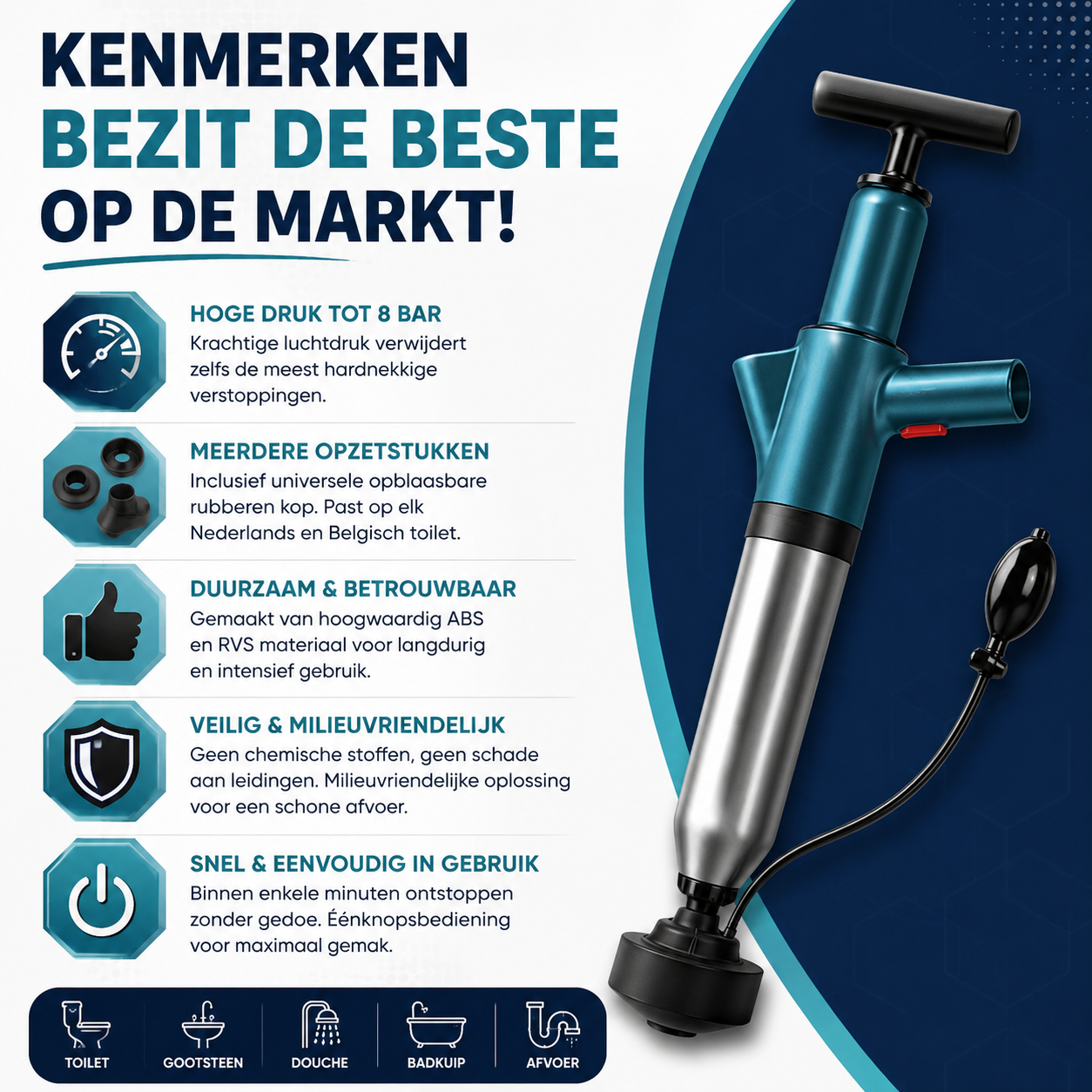 WC Ontstopper met hoge druk – afvoer ontstopper voor toilet, douche & gootsteen
