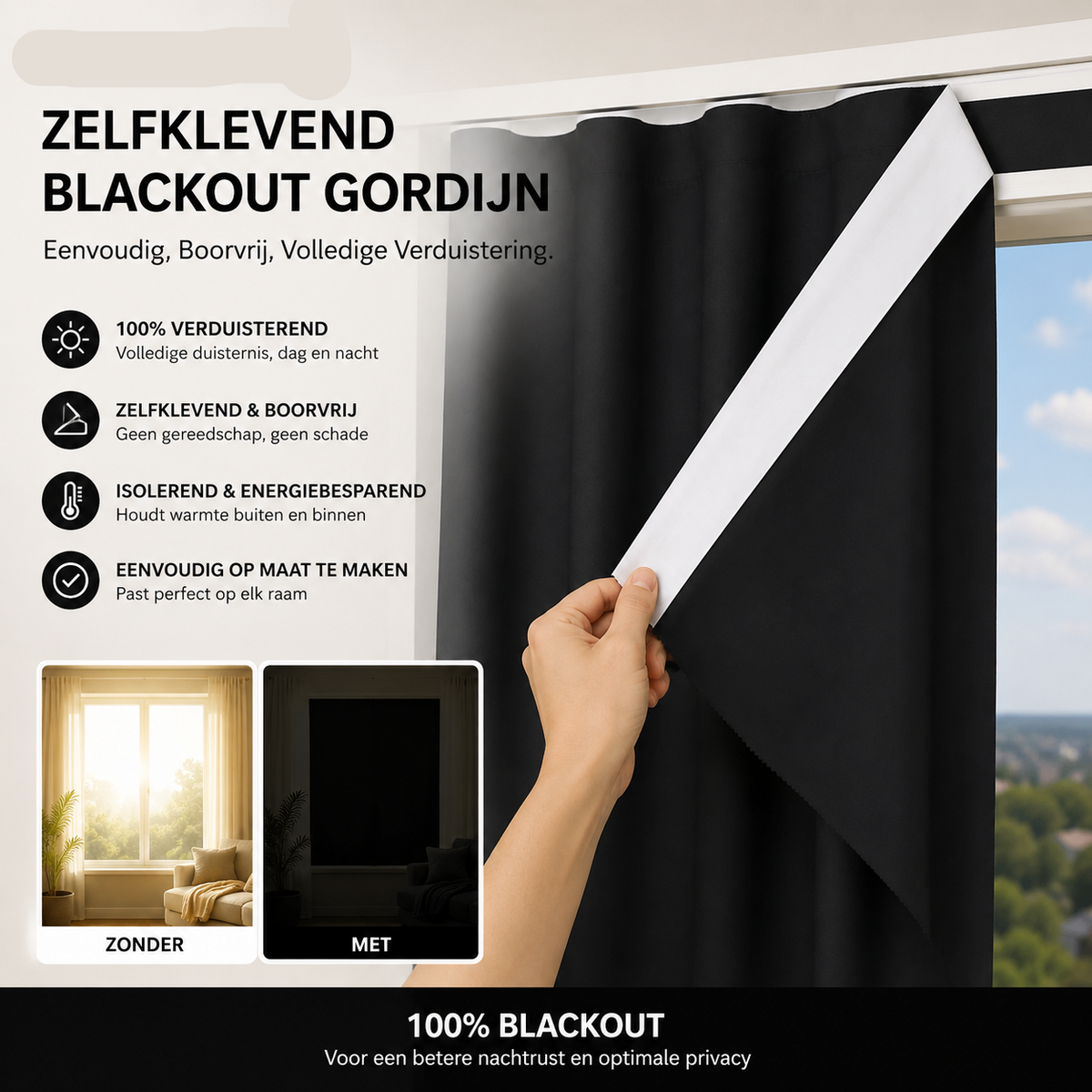 Zelfklevend verduisterend gordijn zonder boren