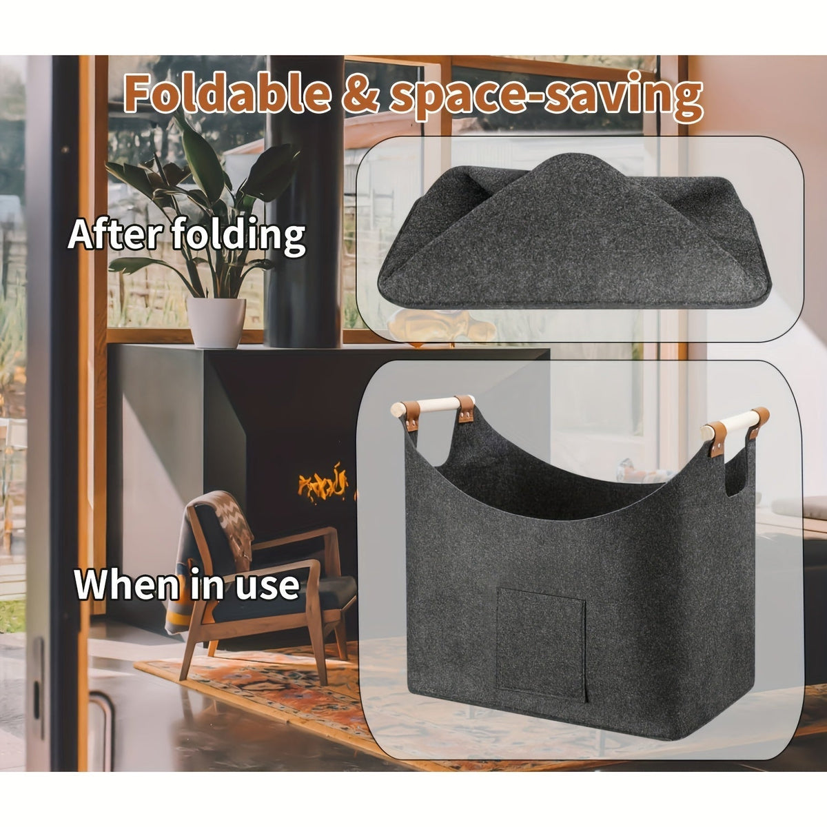 Opvouwbare Vilten Haardhoutmand met Houten Handvatten – 55L