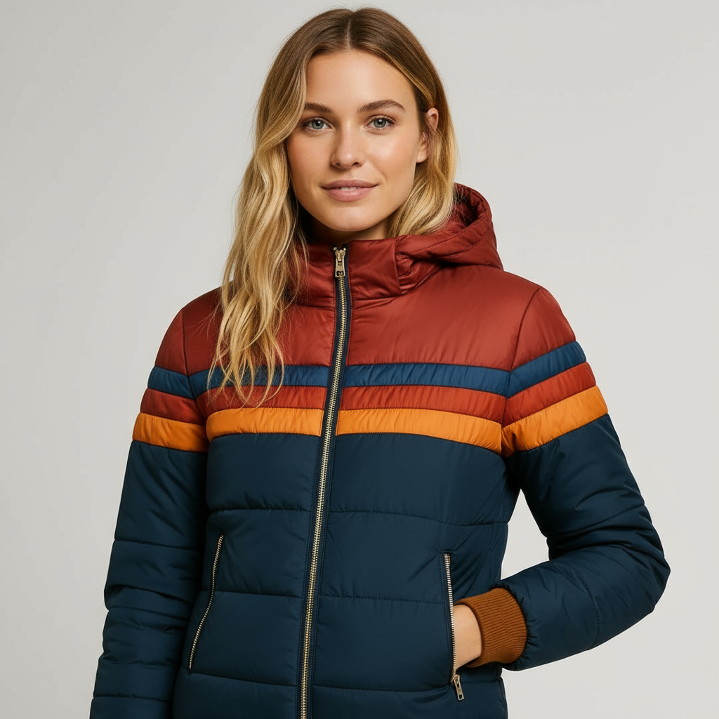 Retro dames pufferjack met warme strepen