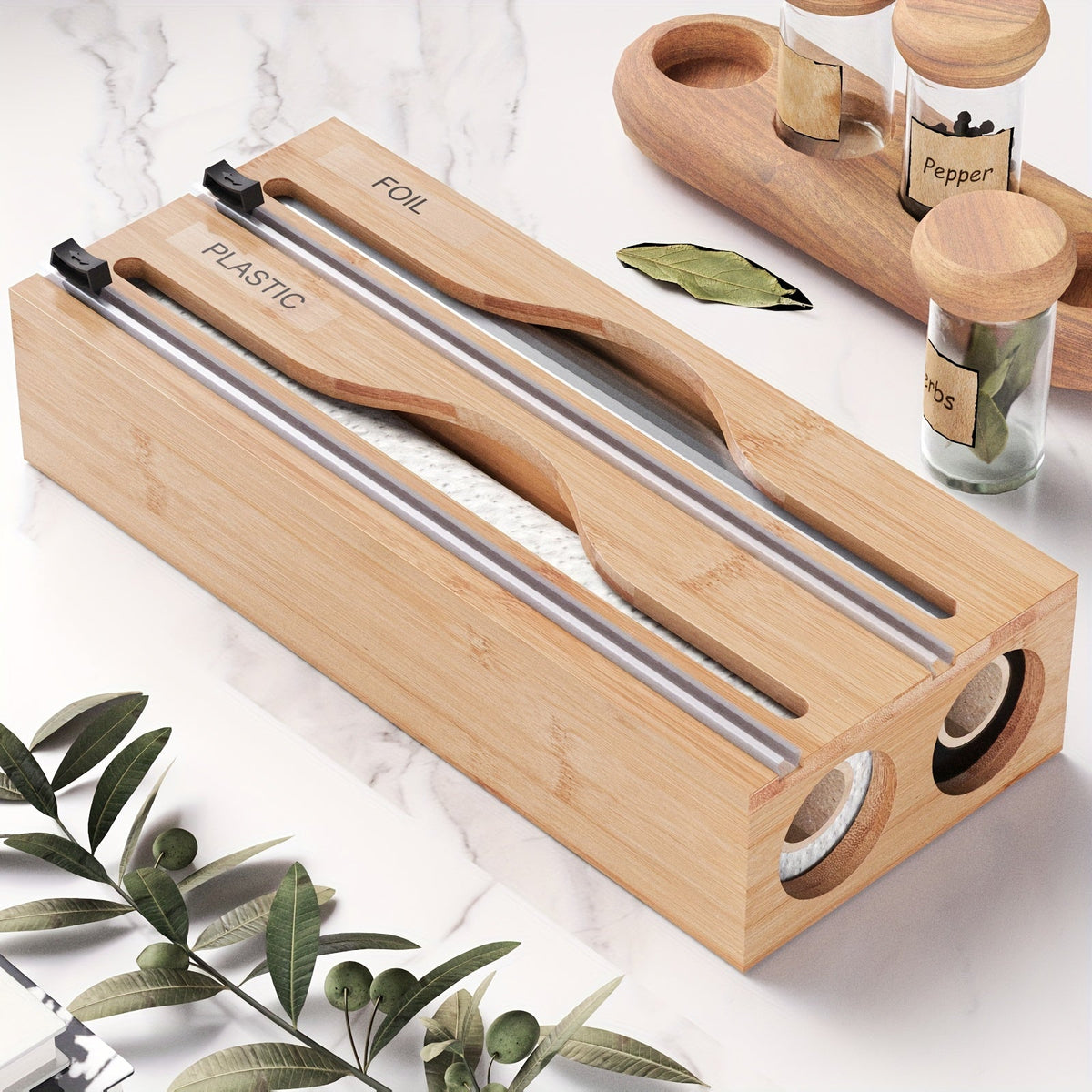 Bamboe 2-in-1 folie dispenser met snijder