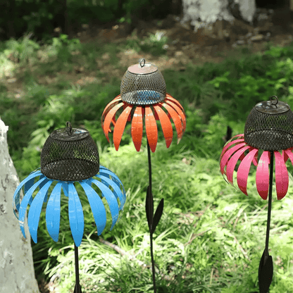 Metalen vogelvoederhuisje op voet met bloemdesign