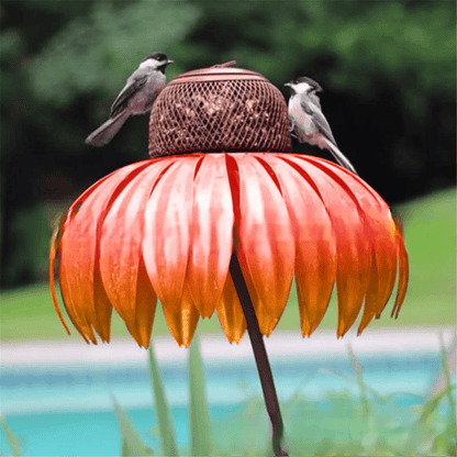 Metalen vogelvoederhuisje op voet met bloemdesign