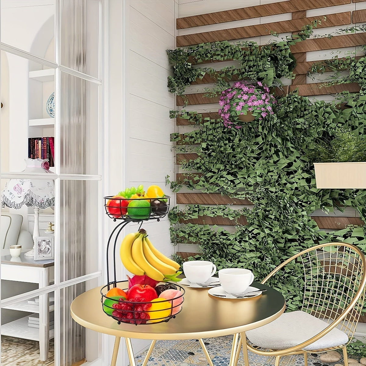 Ovale 2-laags metalen fruitmand met bananenhouder