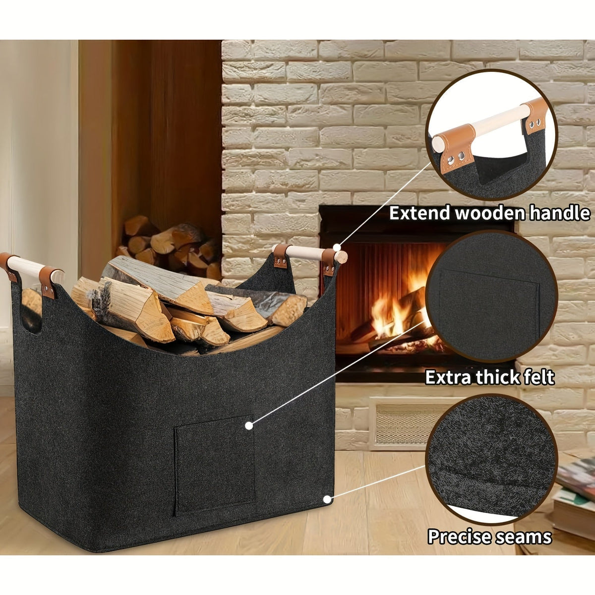Opvouwbare Vilten Haardhoutmand met Houten Handvatten – 55L
