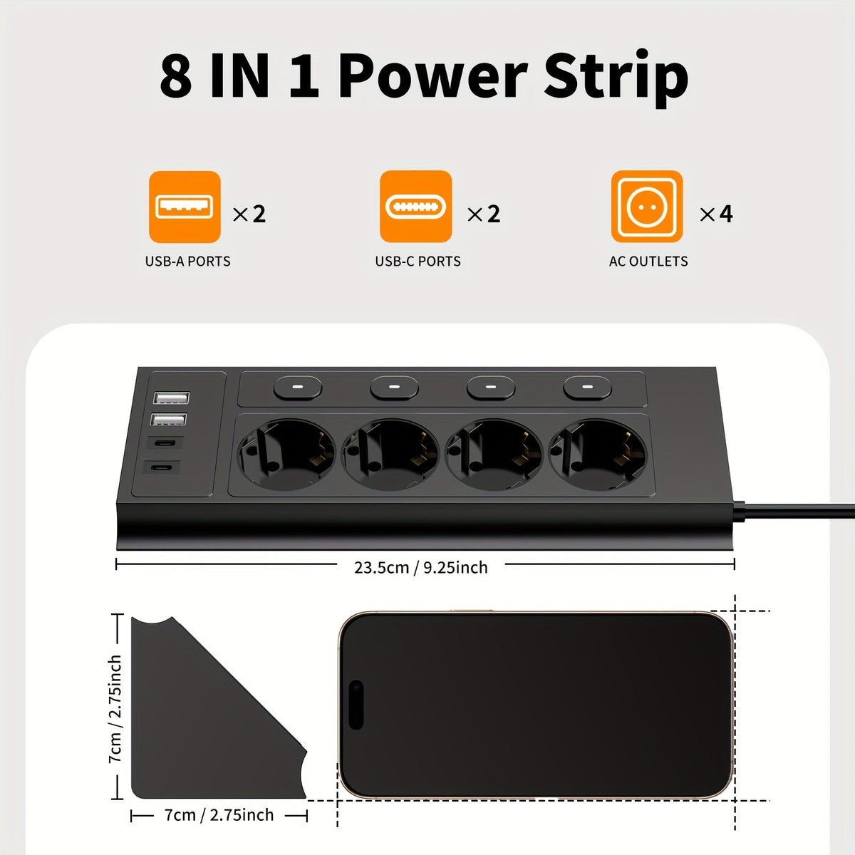 Odior 8-in-1 EU Stekkerdoos met USB en Type-C
