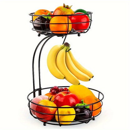 Ovale 2-laags metalen fruitmand met bananenhouder