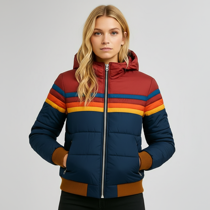Retro dames pufferjack met warme strepen