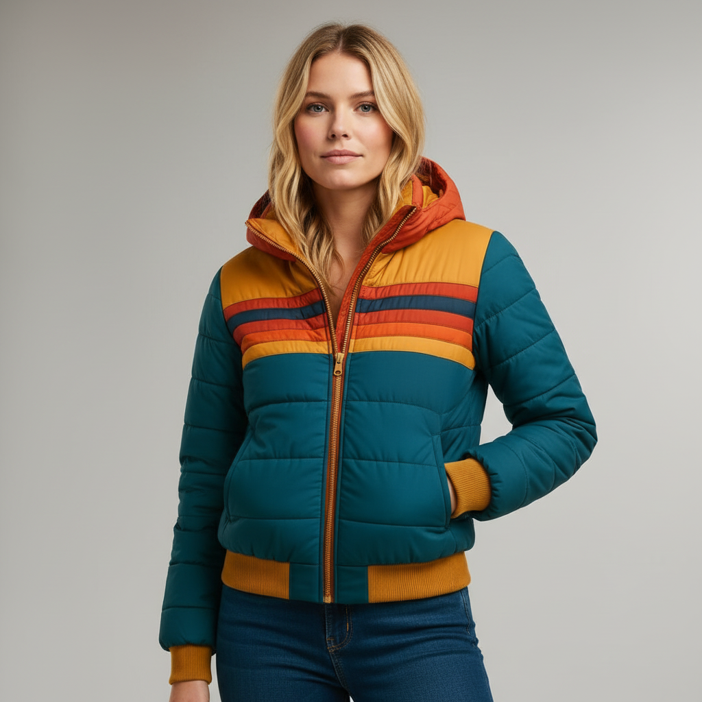 Retro dames pufferjack met warme strepen