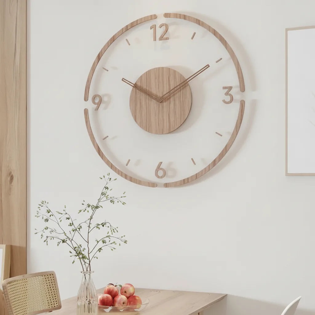 Geruisloze wandklok van hout en acryl
