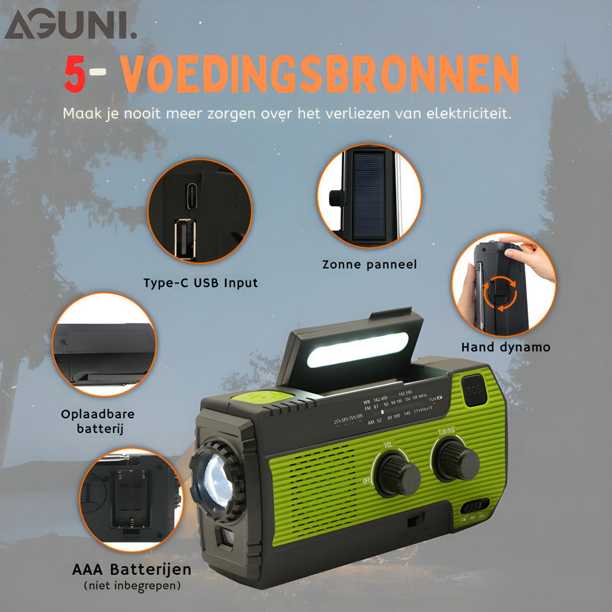 PowerWave draagbare noodradio met zonne-energie